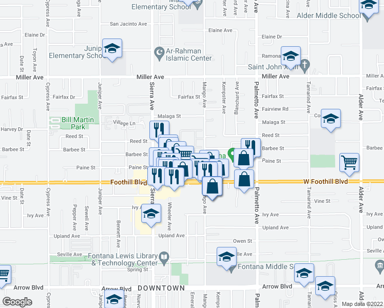 map of restaurants, bars, coffee shops, grocery stores, and more near 7996 Mango Avenue in Fontana