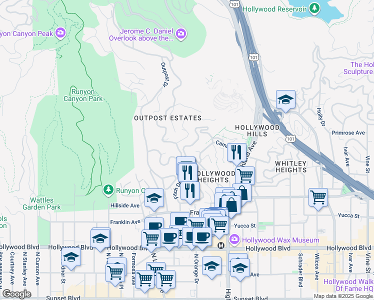 map of restaurants, bars, coffee shops, grocery stores, and more near 7064 La Presa Drive in Los Angeles