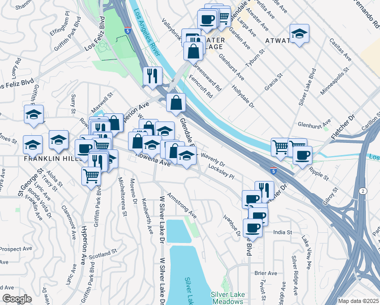 map of restaurants, bars, coffee shops, grocery stores, and more near 2818 1/2 Waverly Drive in Los Angeles