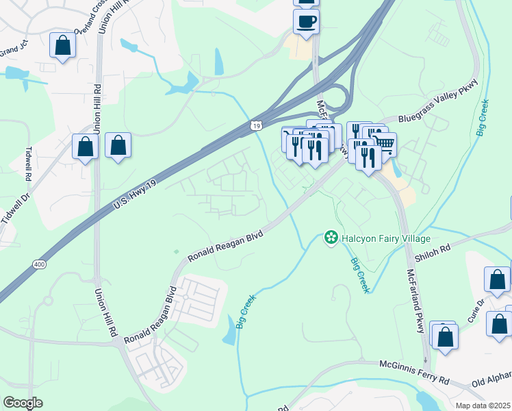 map of restaurants, bars, coffee shops, grocery stores, and more near 216 Estuary Trail in Alpharetta