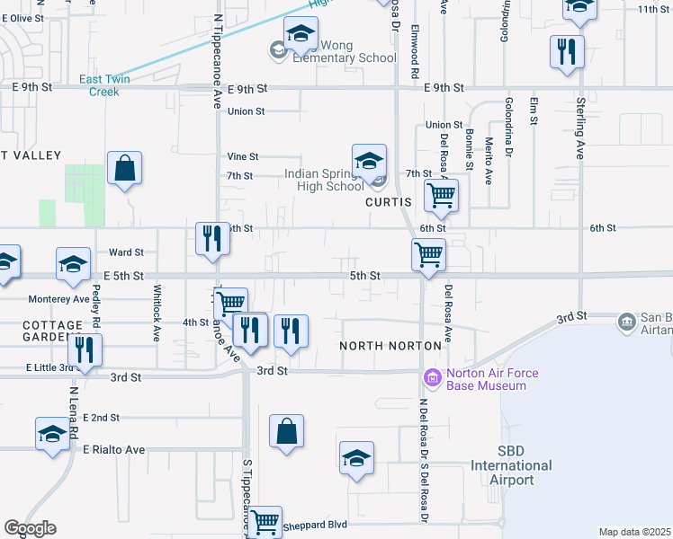 map of restaurants, bars, coffee shops, grocery stores, and more near 25180 West 5th Street in San Bernardino