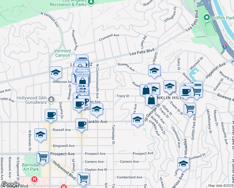 map of restaurants, bars, coffee shops, grocery stores, and more near 4217 Tracy Street in Los Angeles