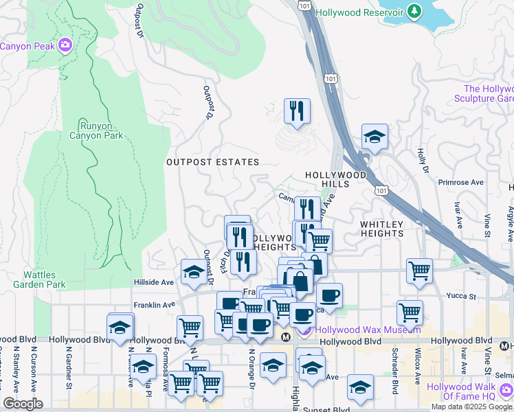 map of restaurants, bars, coffee shops, grocery stores, and more near 6933 Camrose Drive in Los Angeles