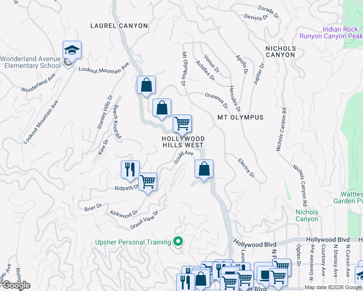 map of restaurants, bars, coffee shops, grocery stores, and more near 2059 Laurel Canyon Boulevard in Los Angeles