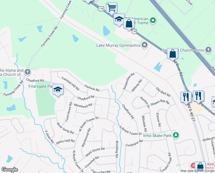map of restaurants, bars, coffee shops, grocery stores, and more near 337 Parlock Road in Irmo