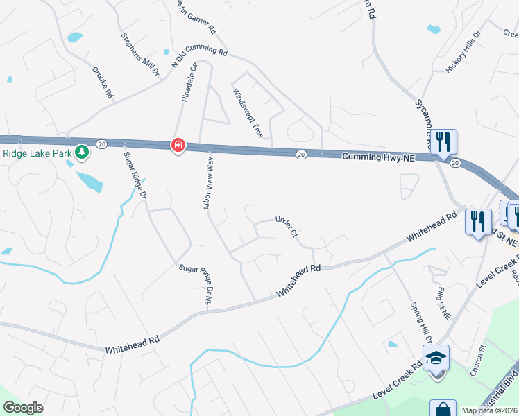 map of restaurants, bars, coffee shops, grocery stores, and more near 5393 Under Way in Sugar Hill