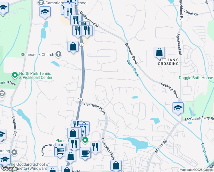 map of restaurants, bars, coffee shops, grocery stores, and more near 13375 Avensong Ives Way in Alpharetta