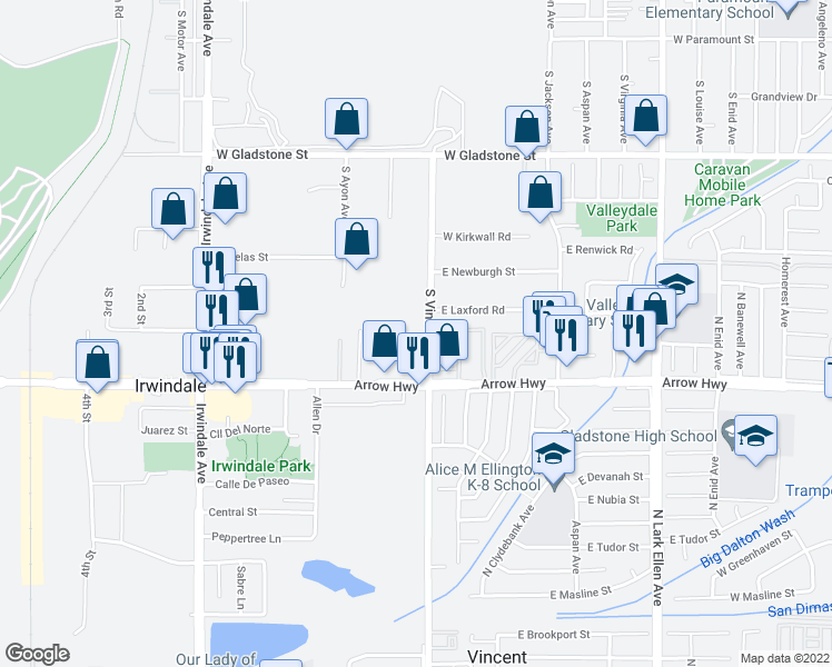 map of restaurants, bars, coffee shops, grocery stores, and more near 5257 South Vincent Avenue in Irwindale