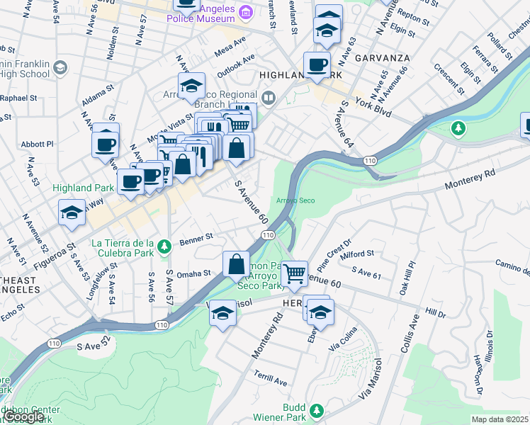 map of restaurants, bars, coffee shops, grocery stores, and more near 337 South Avenue 60 in Los Angeles