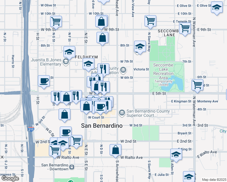 map of restaurants, bars, coffee shops, grocery stores, and more near in San Bernardino