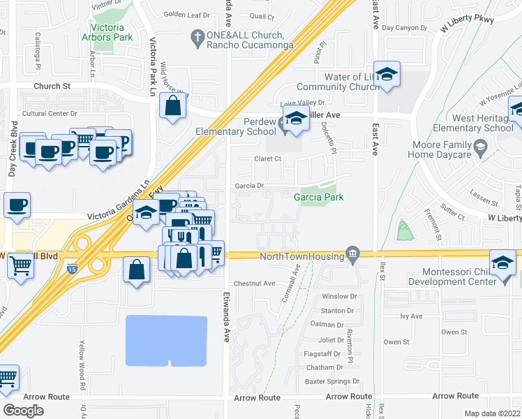 map of restaurants, bars, coffee shops, grocery stores, and more near 7951 Etiwanda Avenue in Rancho Cucamonga