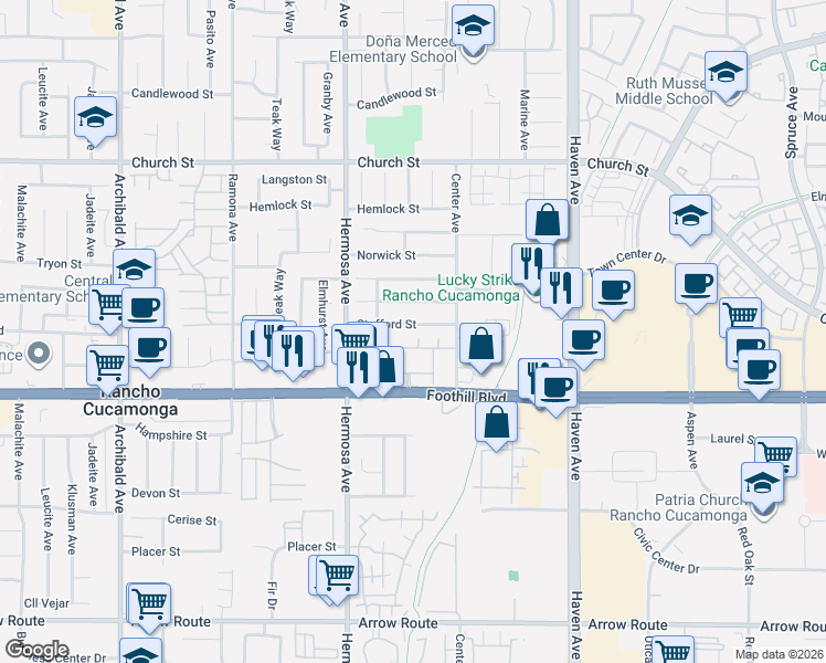 map of restaurants, bars, coffee shops, grocery stores, and more near 10239 Stafford Street in Rancho Cucamonga