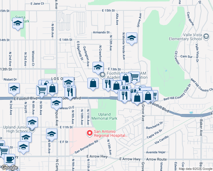 map of restaurants, bars, coffee shops, grocery stores, and more near 1256 Veterans Court in Upland