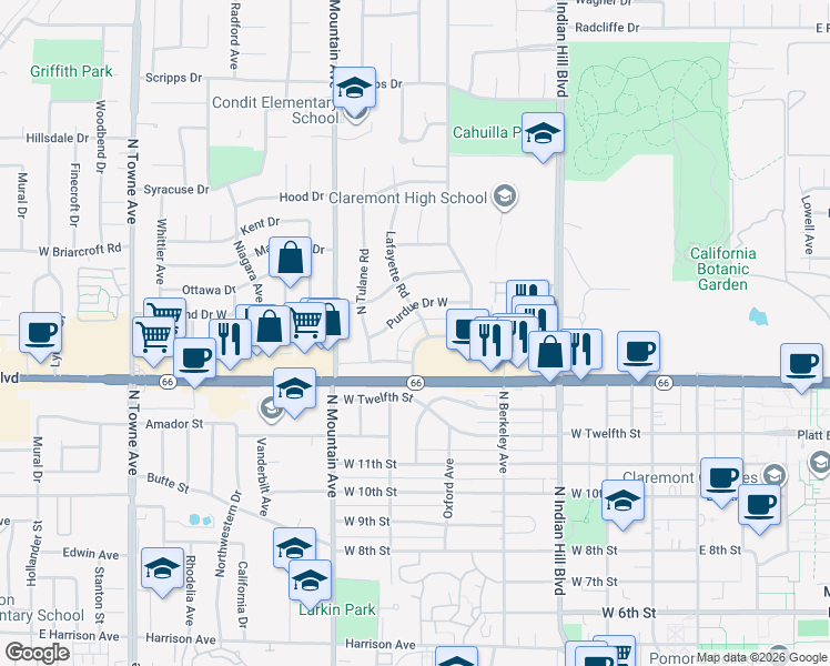 map of restaurants, bars, coffee shops, grocery stores, and more near 647 Colby Circle in Claremont