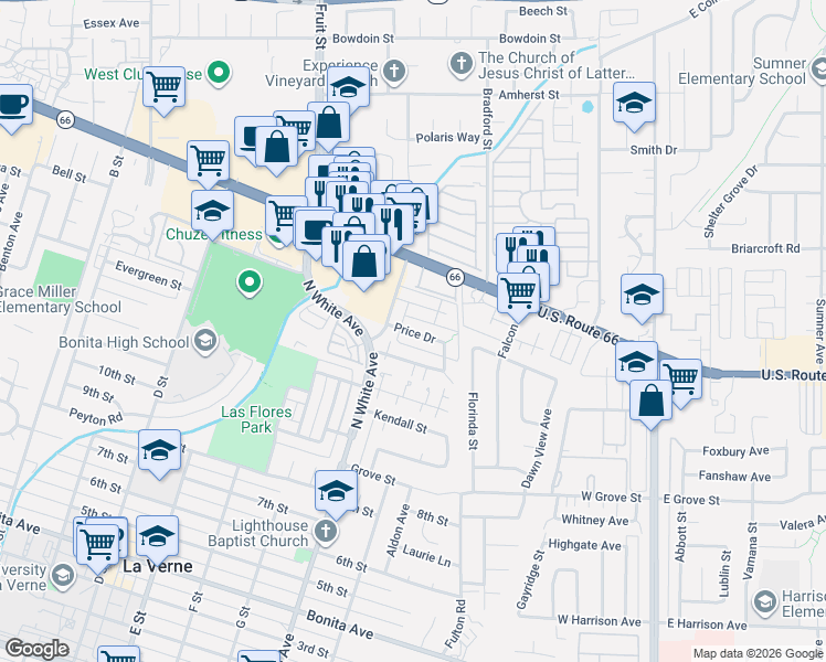 map of restaurants, bars, coffee shops, grocery stores, and more near 2555 Price Drive in La Verne