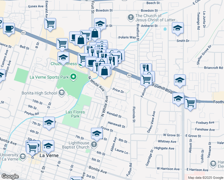 map of restaurants, bars, coffee shops, grocery stores, and more near 3454 Towne Center Drive in La Verne