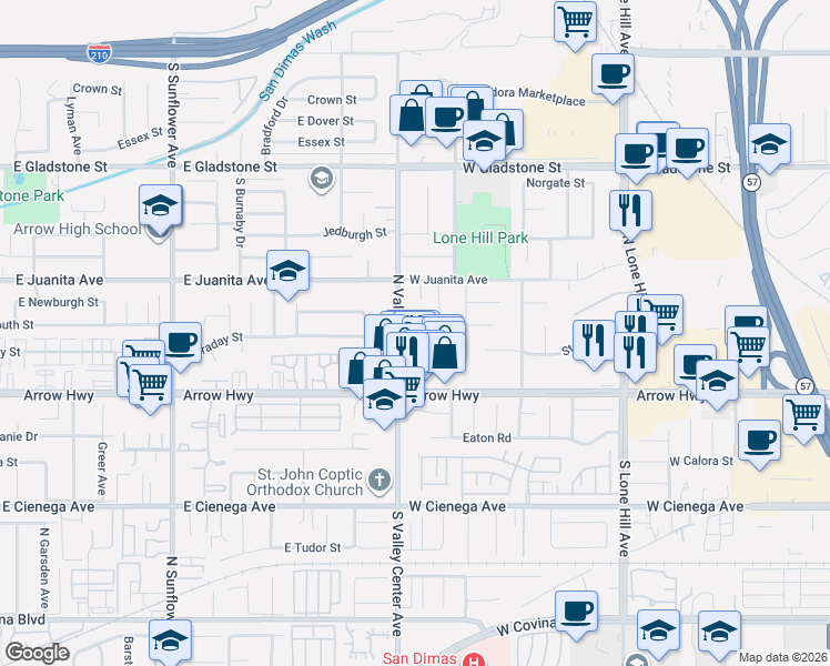 map of restaurants, bars, coffee shops, grocery stores, and more near 1452 Goldrush Drive in San Dimas