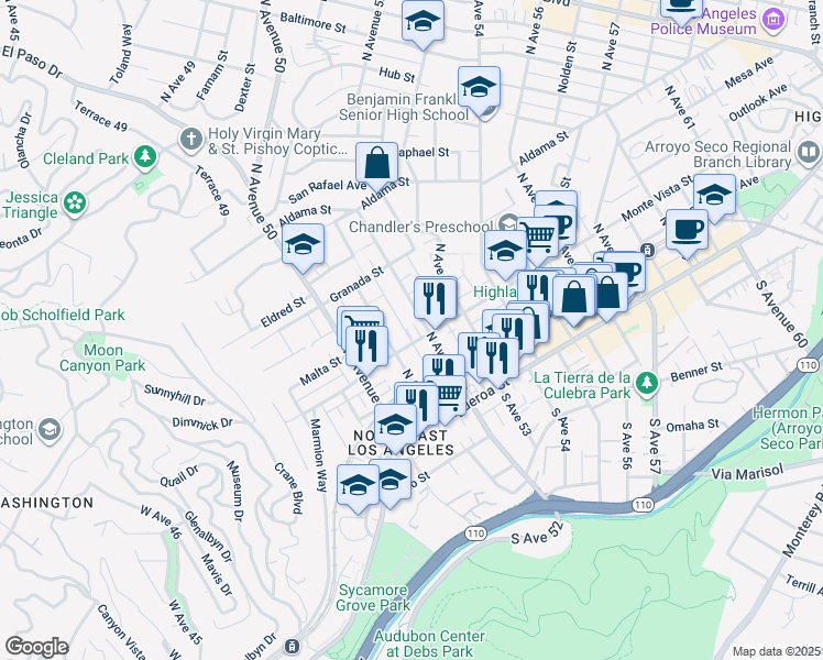 map of restaurants, bars, coffee shops, grocery stores, and more near 5139 Monte Vista Street in Los Angeles
