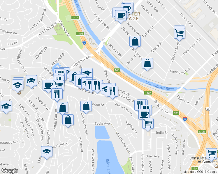 map of restaurants, bars, coffee shops, grocery stores, and more near 2818 1/2 Waverly Drive in Los Angeles