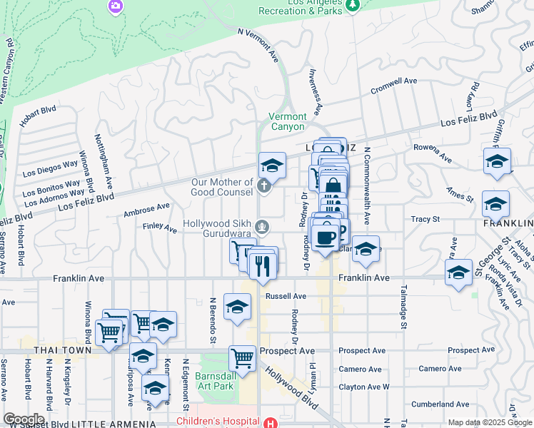 map of restaurants, bars, coffee shops, grocery stores, and more near 2030 North Vermont Avenue in Los Angeles