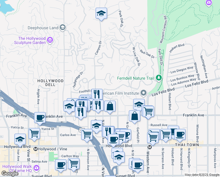 map of restaurants, bars, coffee shops, grocery stores, and more near 5756 Briarcliff Road in Los Angeles