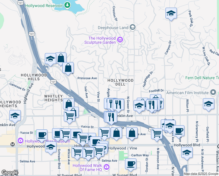 map of restaurants, bars, coffee shops, grocery stores, and more near 6226 Holly Mont Drive in Los Angeles