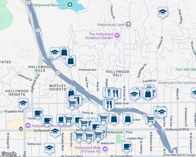 map of restaurants, bars, coffee shops, grocery stores, and more near 2110 Vine Street in Los Angeles