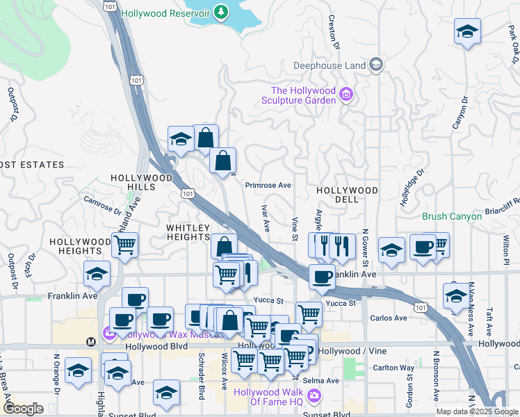 map of restaurants, bars, coffee shops, grocery stores, and more near 2067 Ivar Avenue in Los Angeles