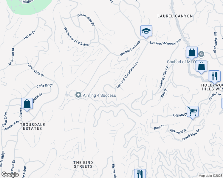 map of restaurants, bars, coffee shops, grocery stores, and more near 8764 Lookout Mountain Ave in West Hollywood