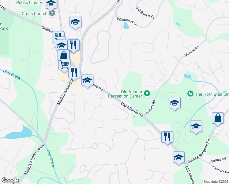 map of restaurants, bars, coffee shops, grocery stores, and more near 3335 Ashton Drive in Suwanee