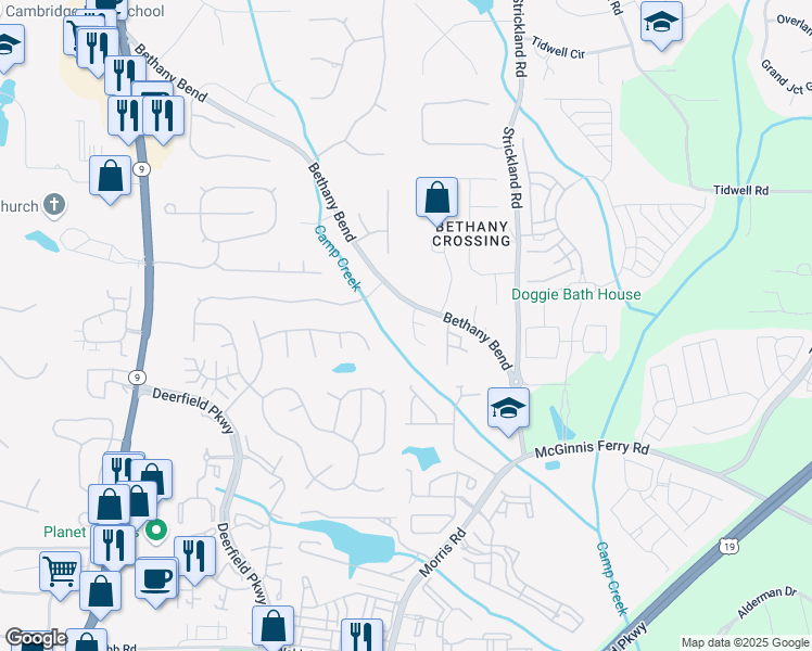 map of restaurants, bars, coffee shops, grocery stores, and more near 195 Galecrest Drive in Alpharetta