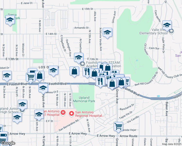 map of restaurants, bars, coffee shops, grocery stores, and more near 1130 North 13th Avenue in Upland