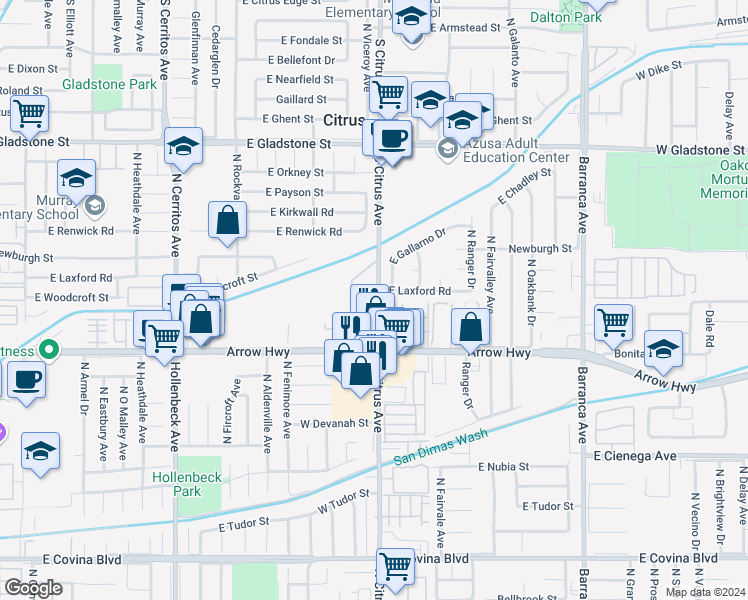 map of restaurants, bars, coffee shops, grocery stores, and more near 101 South Citrus Avenue in Azusa
