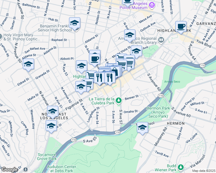 map of restaurants, bars, coffee shops, grocery stores, and more near 5577 North Figueroa Street in Los Angeles