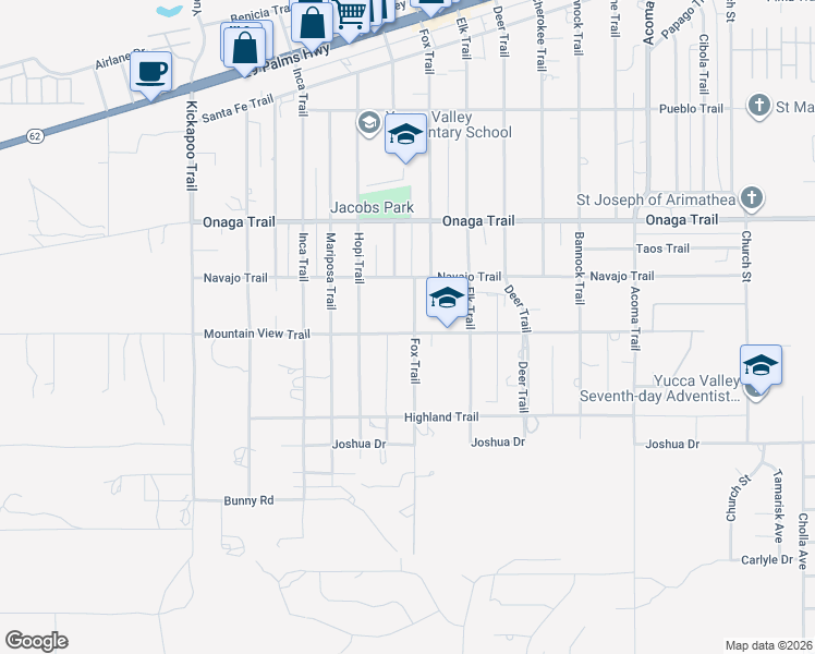 map of restaurants, bars, coffee shops, grocery stores, and more near 7896 Fox Trail in Yucca Valley