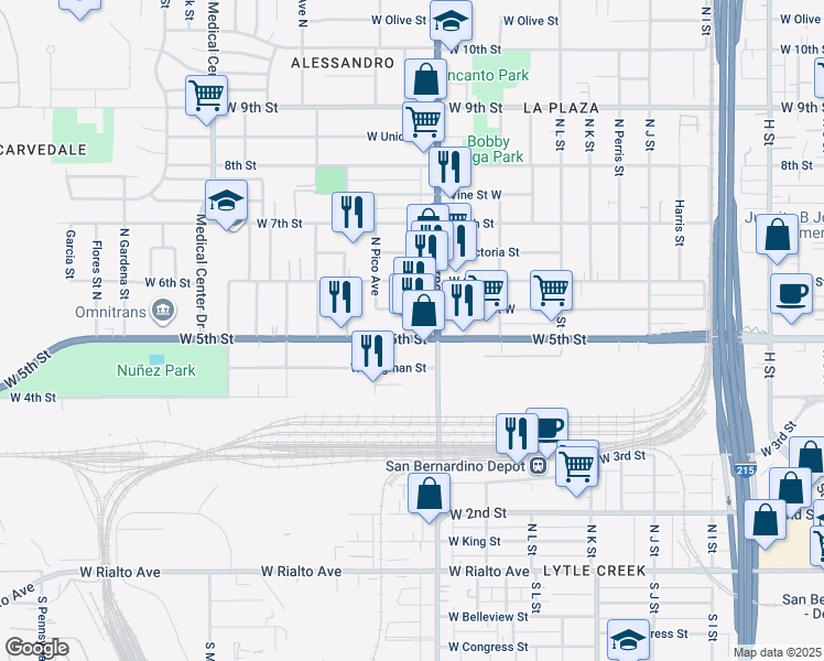 map of restaurants, bars, coffee shops, grocery stores, and more near 1338 West 5th Street in San Bernardino