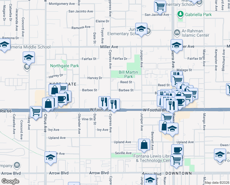 map of restaurants, bars, coffee shops, grocery stores, and more near 16527 Barbee Street in Fontana