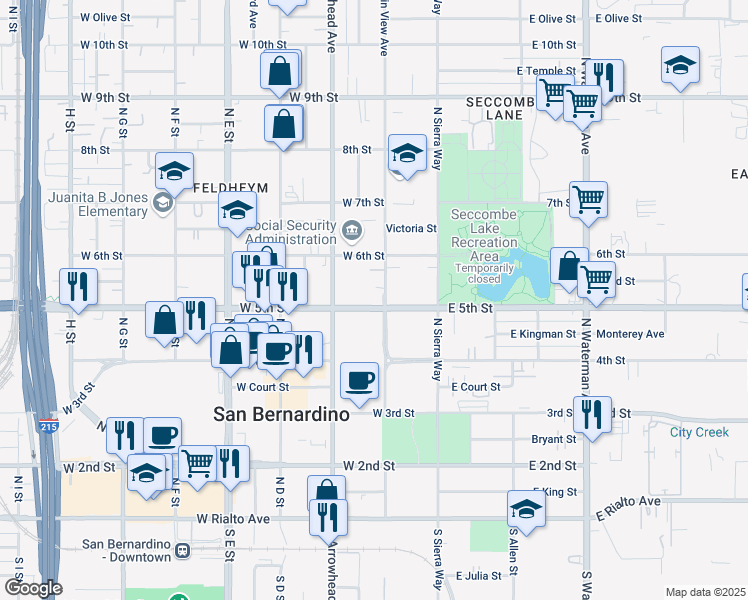 map of restaurants, bars, coffee shops, grocery stores, and more near 504 North Mountain View Avenue in San Bernardino