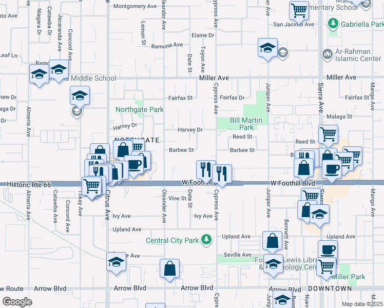 map of restaurants, bars, coffee shops, grocery stores, and more near 16405 Barbee Street in Fontana