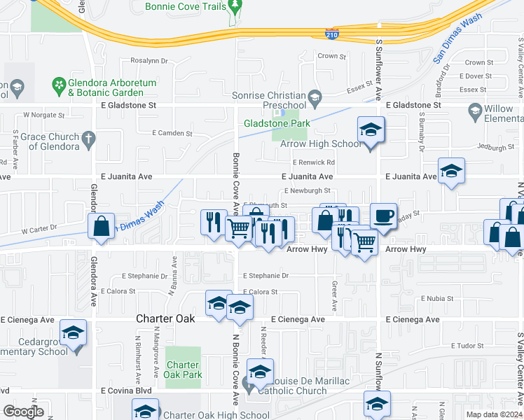 map of restaurants, bars, coffee shops, grocery stores, and more near 542 East Plymouth Street in Glendora