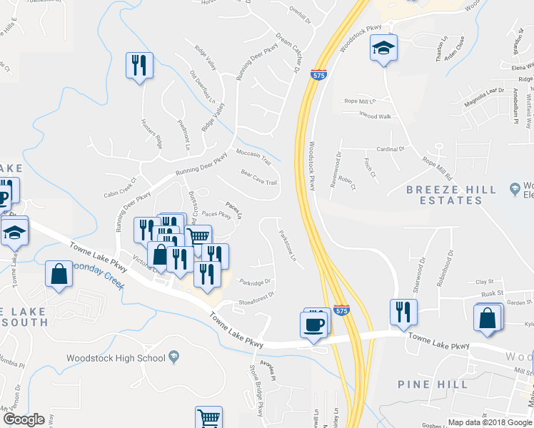 map of restaurants, bars, coffee shops, grocery stores, and more near 187 Stoneforest Drive in Woodstock