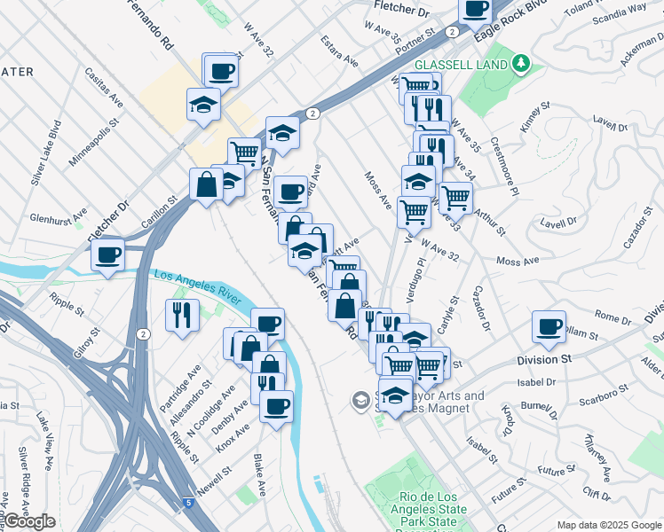 map of restaurants, bars, coffee shops, grocery stores, and more near 2556 West Avenue 30 in Los Angeles