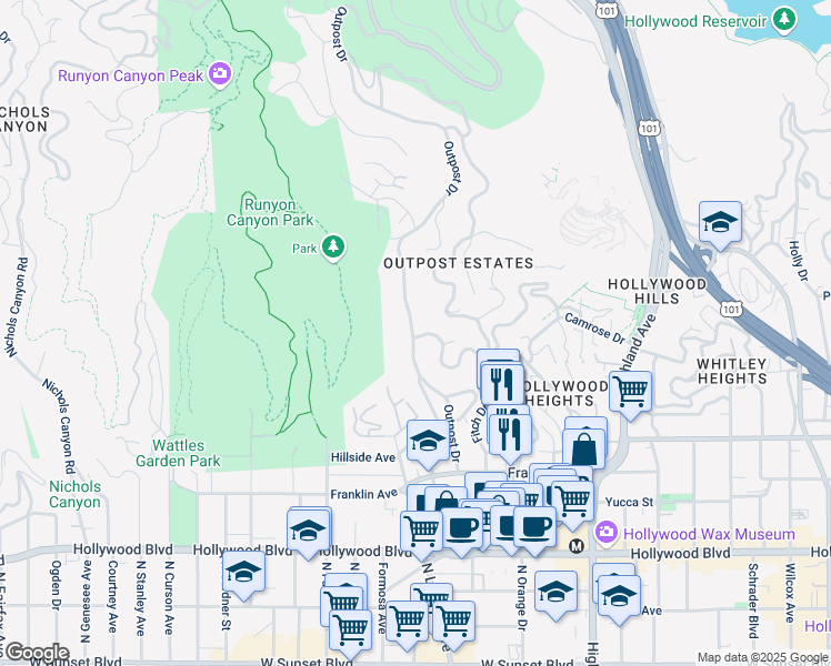 map of restaurants, bars, coffee shops, grocery stores, and more near 2082 Outpost Drive in Los Angeles
