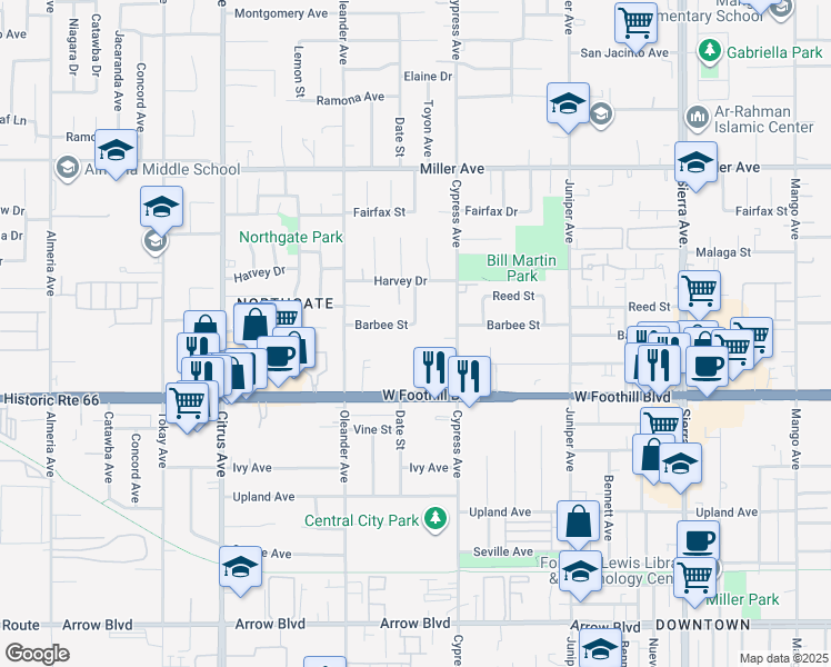 map of restaurants, bars, coffee shops, grocery stores, and more near 16409 Barbee Street in Fontana