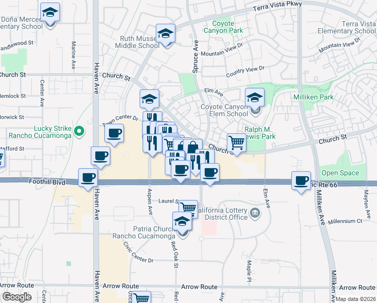 map of restaurants, bars, coffee shops, grocery stores, and more near 10855 Church Street in Rancho Cucamonga