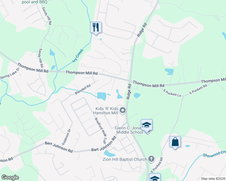 map of restaurants, bars, coffee shops, grocery stores, and more near 3830 Thompson Mill Road in Buford