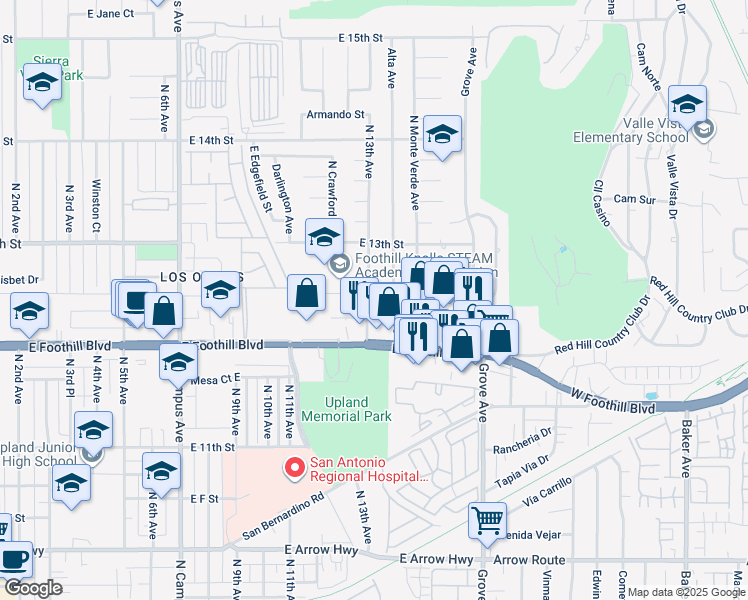 map of restaurants, bars, coffee shops, grocery stores, and more near 1130 North 13th Avenue in Upland
