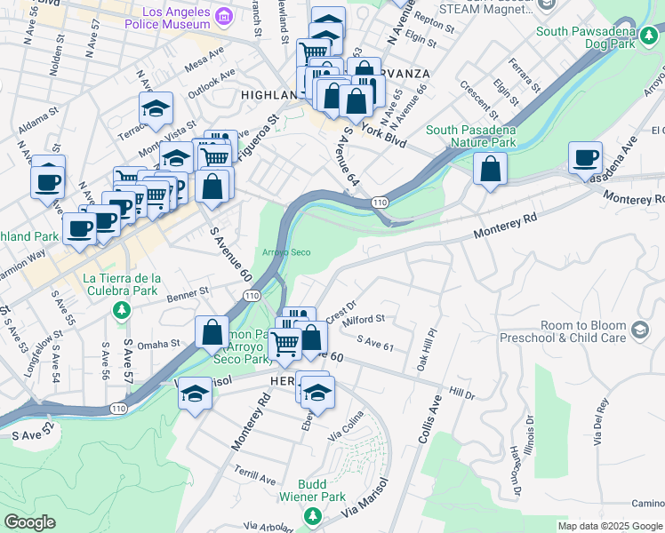 map of restaurants, bars, coffee shops, grocery stores, and more near 6221 Monterey Road in Los Angeles