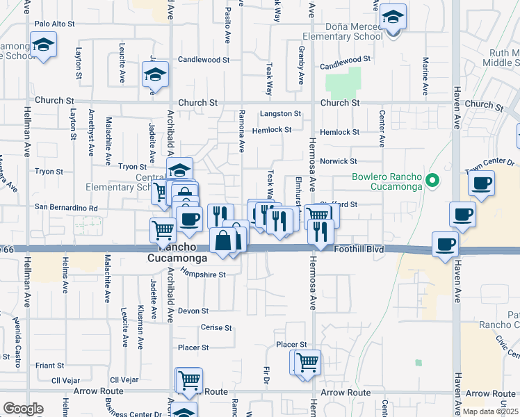 map of restaurants, bars, coffee shops, grocery stores, and more near 9951 Stafford Street in Rancho Cucamonga