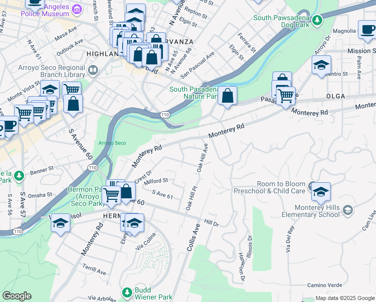 map of restaurants, bars, coffee shops, grocery stores, and more near 6518 Short Way in Los Angeles